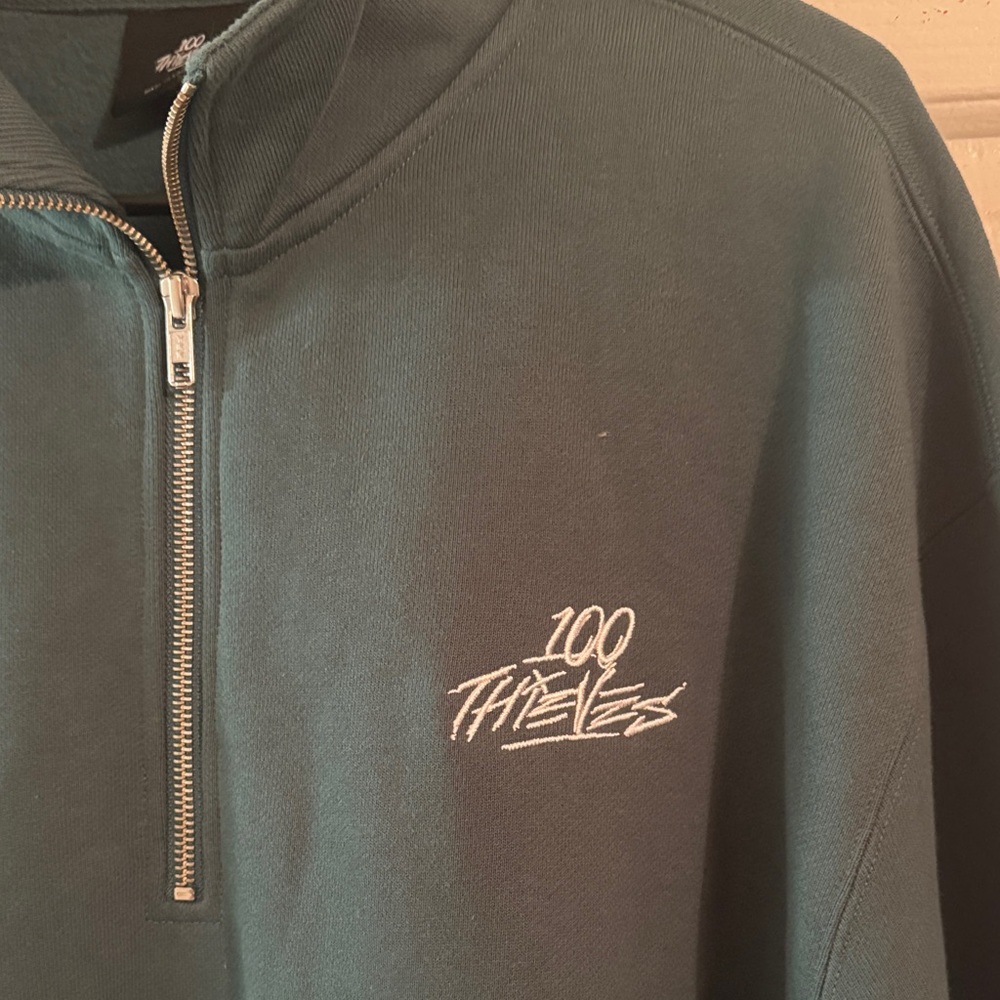 100 Thieves Men's Green Half-Zip Sweatshirt: Front Zip Pockets. Heavyweight LRG